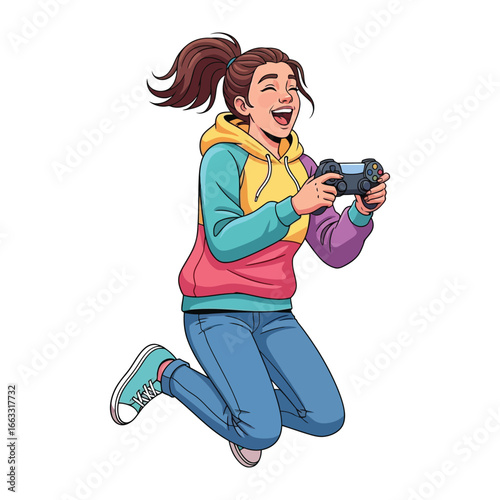 Joyful Gamer Girl: A vibrant illustration of a happy girl immersed in the world of video games, jumping in mid-air with a controller in hand, radiating the thrill of gaming.