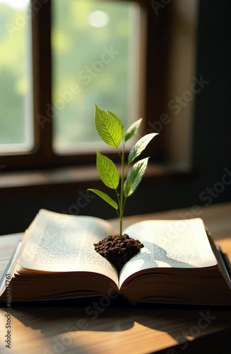 A plant grows from an open book on a wooden table by the window. Time lapse