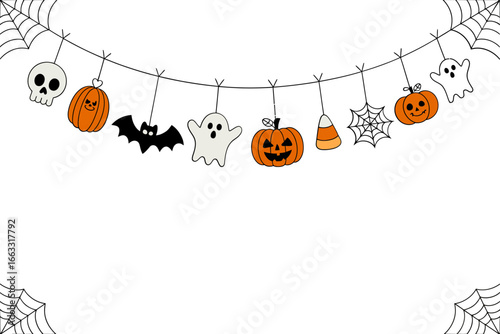 Halloween bunting border, pumpkins bats spiders ghosts, thin strings and webs, minimalist vector frame