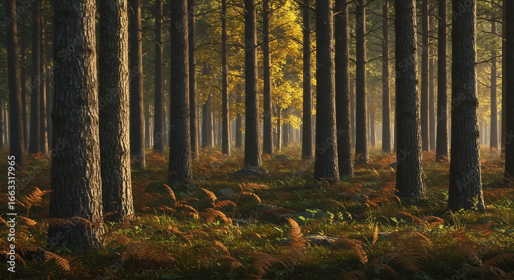 Obraz premium Serene Autumn Forest Scene: Sunlight Filtering Through Tall Trees, Illuminating Ferns and Undergrowth in a Tranquil Woodland Landscape