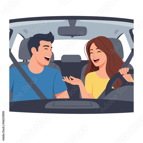 Joyride Chatter: A jovial couple embarks on a road trip adventure. Inside the car, they engage in lively conversation, capturing the essence of freedom, friendship, and shared experiences.