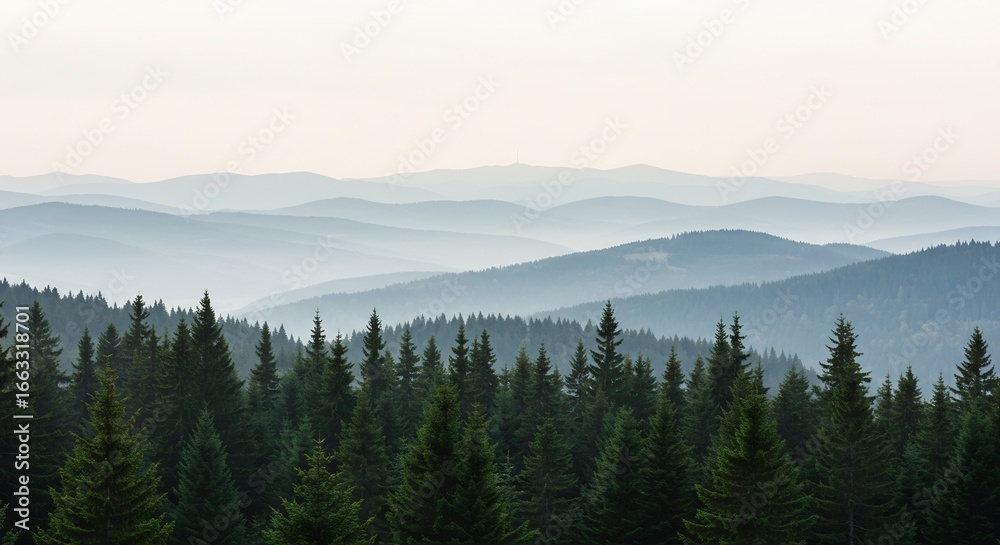 Obraz premium Serene Mountain Landscape with Lush Green Evergreen Forest in the Foreground and Layered Misty Blue Hills in the Distance, Nature Photography, Foggy Day