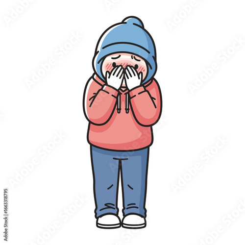 Person in Cold Weather: An animated depiction of a person bundled in a warm hat and cozy jacket, seeking warmth with gloved hands, a vivid representation of winter's chill. 