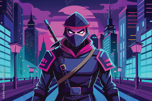 A stylized illustration of a ninja figure against a backdrop of a futuristic, neon-lit cityscape at night.
