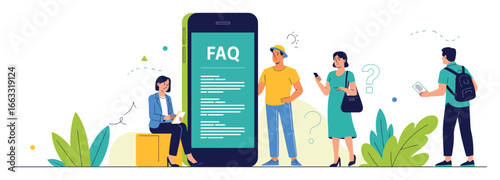 Illustration of people interacting with smartphone FAQ interface, symbolizing digital help systems, inquiry, and user information access