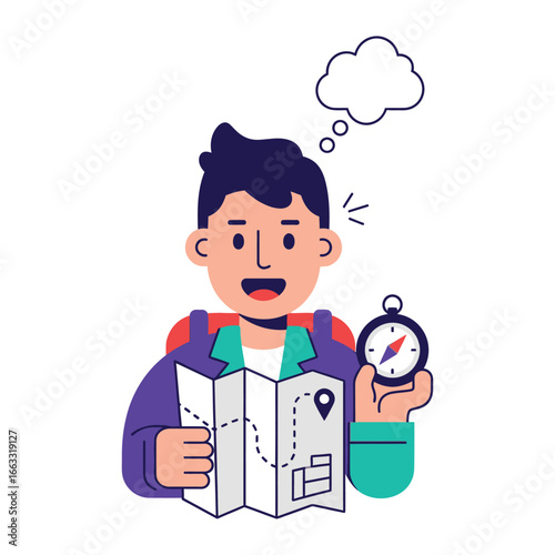 The Adventurer's Journey: A stylized illustration of a determined adventurer with a map and compass, a thought bubble hovering overhead, ready to embark on a new exploration.
