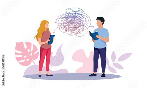 Illustration of two people with clipboards and tangled lines between them, symbolizing miscommunication, confusion, and interpersonal conflict