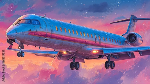 Wallpaper Mural A vibrant, digitally painted depiction of a commercial aircraft ascending into a colorful, textured sky evokes a sense of travel and aspiration, utilizing bold brushstrokes and a dynamic composition. Torontodigital.ca