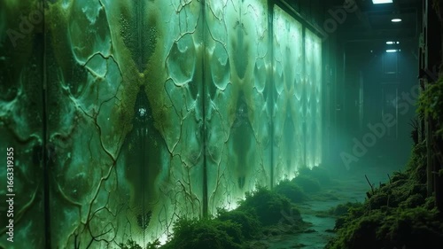 Eerie futuristic corridor with glowing walls and organic overgrowth in captivating otherworldly scene, perfect for sci-fi thrillers or dystopian films