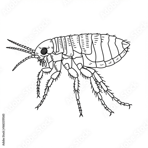 Detailed line art illustration of a parasitic flea, a common pest and nuisance to pets