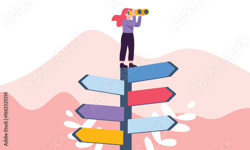 Illustration of person with binoculars atop signpost with multiple arrows, symbolizing decision-making, exploration, and future planning