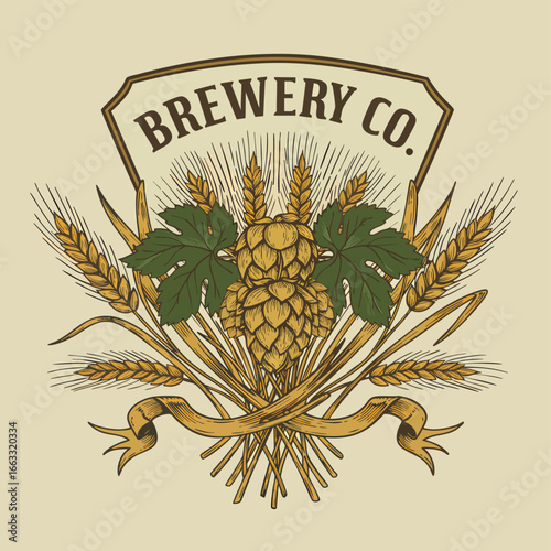 Hand Drawn Brewery Logo with Hops and Wheat Stalks