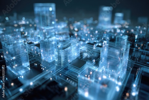 Futuristic cityscape rendered in glowing digital lines, depicting interconnected buildings and infrastructure