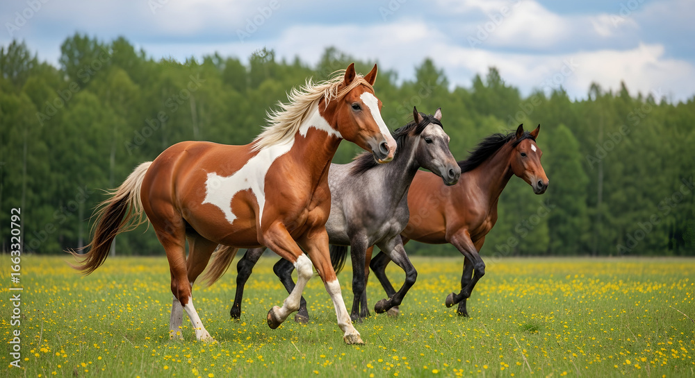 Obraz premium Galloping trio of horses grace a flower-strewn meadow under a serene sky