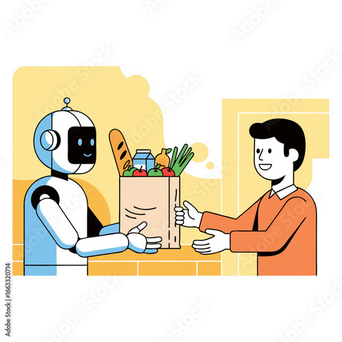 Robot delivering grocery bag to man, artificial intelligence daily life