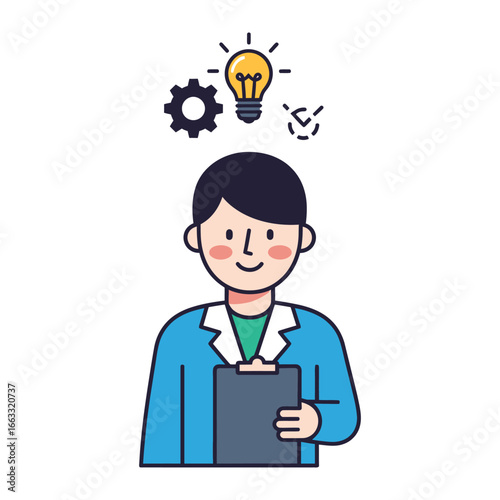 Idea in Progress: A thoughtfully designed image depicts a male individual holding a clipboard while contemplating various conceptual symbols above his head, symbolizing ideas and innovative thinking.