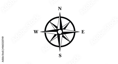 A black and white illustration of a compass with directional letters
