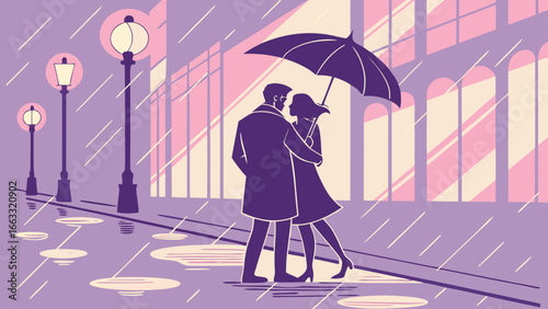 Romantic Couple Standing in Rain Holding Umbrella – Aesthetic Vector of Love, Togetherness, and Emotional Rainy Night