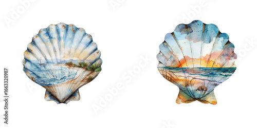 imagine silhouette shell with beach scene inside watercolor vector illustration