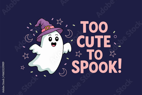 Too cute to spook typography, witchy ghost with stars, playful Halloween design, purple background vector