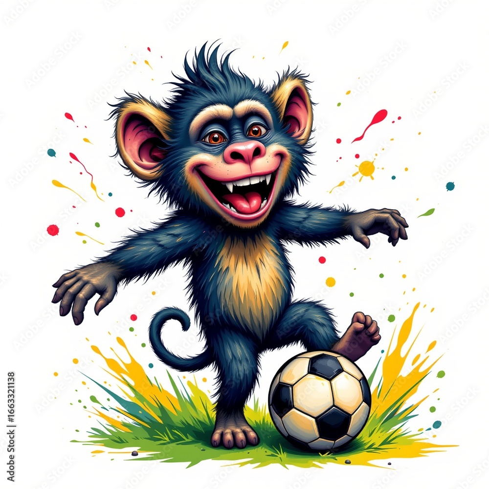 Naklejka premium a joyful baboon playing soccer, in a vibrant cartoon style with paint splashes on a white background.