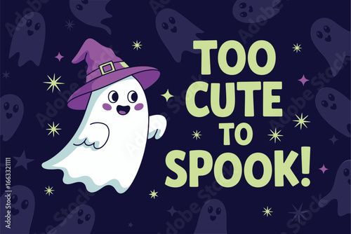 Too cute to spook message, ghost with hat, spooky icon pattern, dark wallpaper style vector