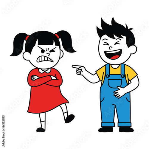 Jealousy and Joy: A little girl's face is scowling, while the boy standing nearby finds the situation funny, pointing and laughing