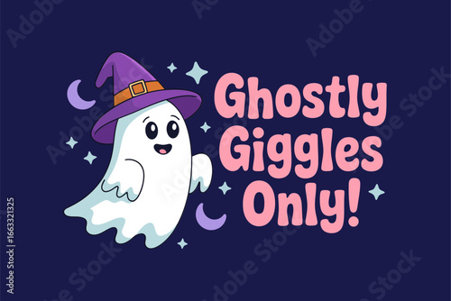 Ghostly giggles only quote, cute ghost with hat, friendly Halloween typography, navy background vector