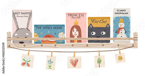 Big bookshelf wirh children home library and garland with paints. Kids book about animal and winter