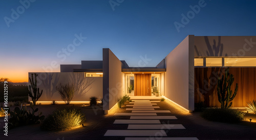 Tranquil desert residence at dusk, presenting modern architectural elegance