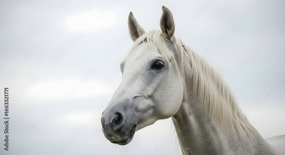 Obraz premium Elegant White Horse portrait showcasing a powerful presence against soft