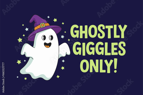Ghostly giggles only banner, cute witch ghost, abstract shapes background, friendly Halloween vector