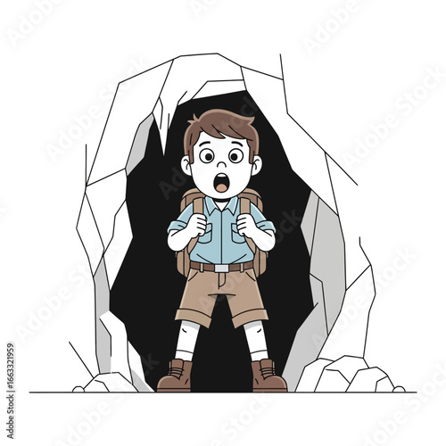 Intrepid Explorer's Discovery: A young explorer stands at the mouth of a mysterious cave, backpack at the ready, his eyes wide with wonder and the promise of adventure within.