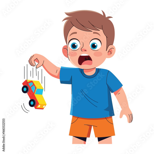 Oops! The toy car fall: The cartoon of a little boy with big eyes dropped his toy car, it shows a scene of surprise. It's the funny moment of everyday life.
