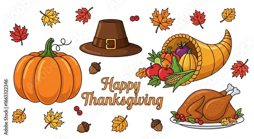 Happy Thanksgiving illustration with pumpkin, turkey, cornucopia, autumn leaves and holiday elements