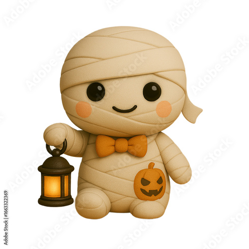 3D tiny cute mummy cartoon doll with a lantern isolated on transparent background