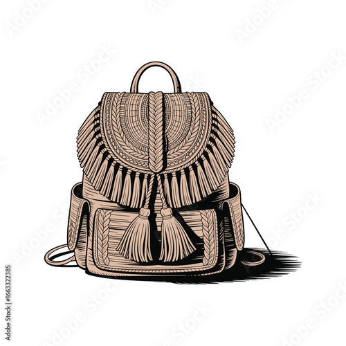 Stylish woven backpack with tassels and drawstring closure for fashionable travel and everyday use white background
