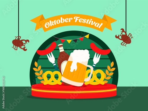 Oktoberfest celebration flyer design with flat objects beer mug, food and wheat. Vector Illustration.