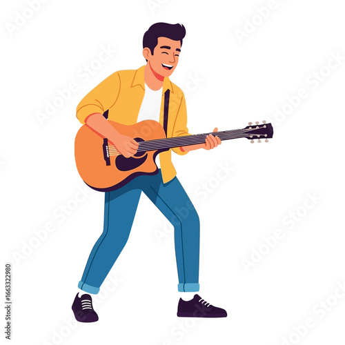 Musical Expression: A young man expresses joy through playing guitar, capturing a moment of music and artistic expression in an illustration.