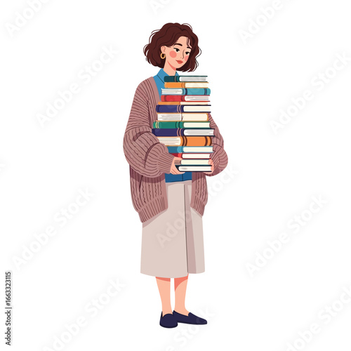 Bookworm with Books: A person delicately balances a tower of books, their focus and adoration radiating the tranquil charm of reading and lifelong learning.