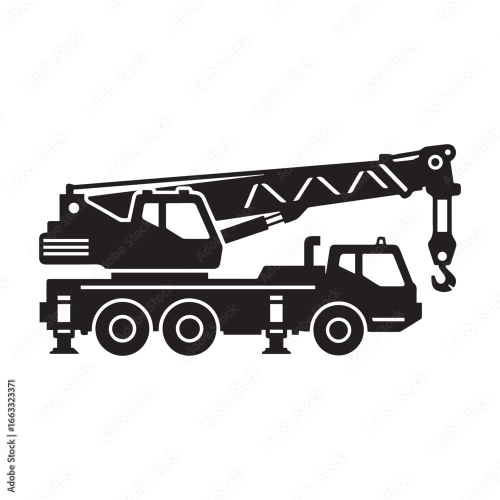 Naklejka premium Powerful Mobile Crane Silhouette: Heavy Duty Construction Equipment Icon, Black and White Vector Illustration.