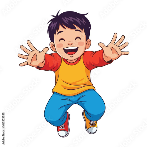 Joyful Boy: A happy, smiling boy joyfully jumps, arms outstretched in a welcoming embrace, filled with playful energy and radiant happiness.