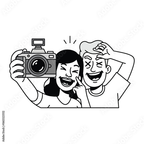Click-happy Selfie: A cheerful couple gleefully captures a self-portrait with a camera, embodying youthful vibrancy and the modern art of instant memories. 