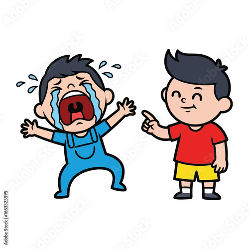 Cartoon Illustration of Disagreement: A vibrant cartoon illustrates a moment of conflict, as one child cries in distress while another points and appears to be smirking.