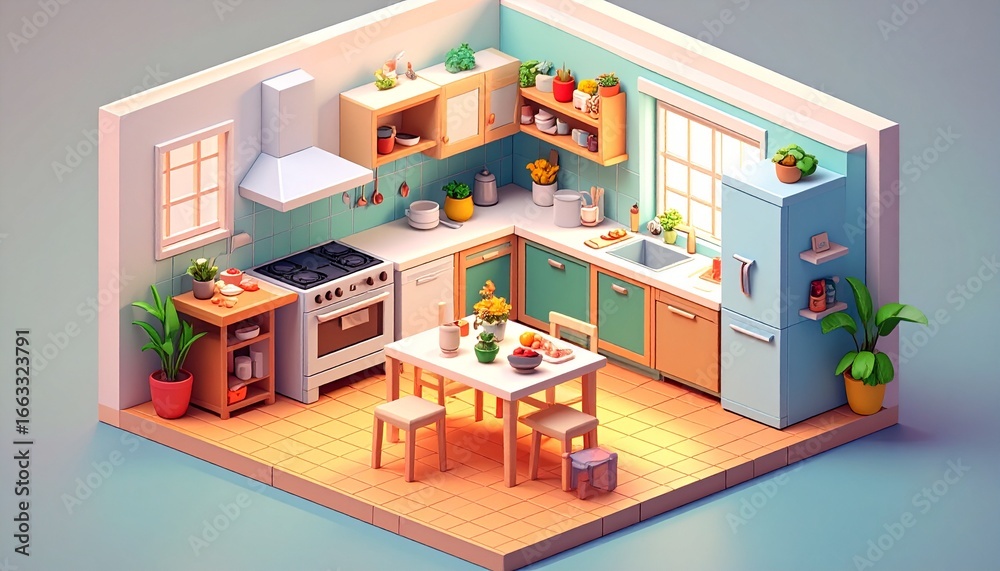 Fototapeta premium Cozy Low-Poly 3D Isometric Kitchen Interior Design