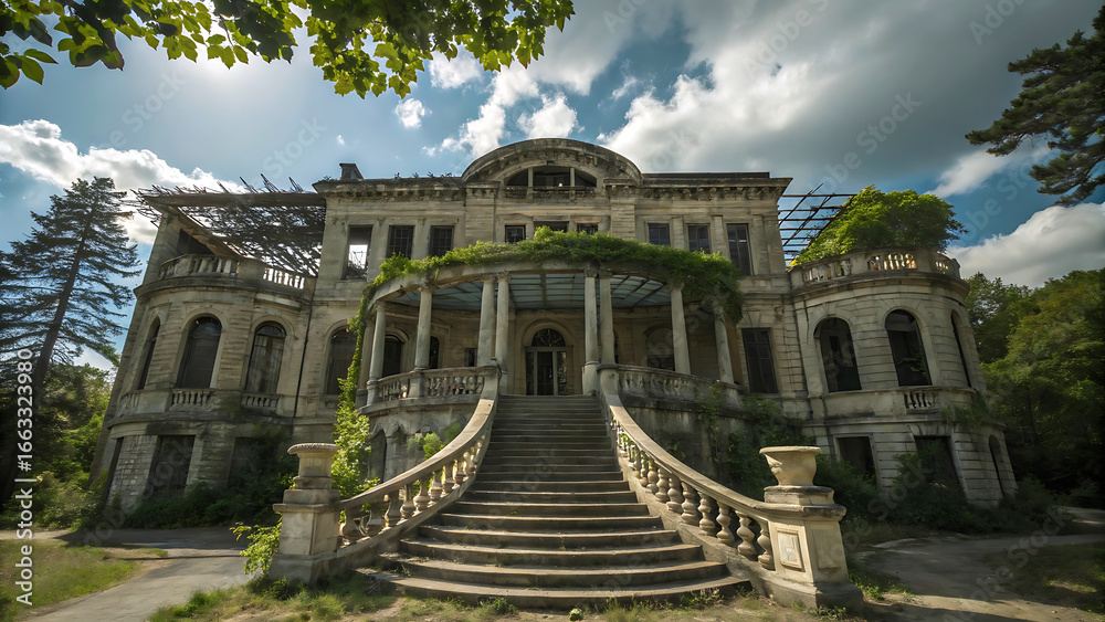 Fototapeta premium Grand Abandoned Mansion Amidst Lush Greenery A Hauntingly Beautiful Scene of Decay and Nature Taking Over Elegant Architecture With Majestic Staircase