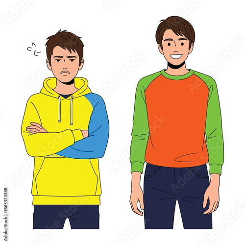 Mood Contrast: A digital illustration features two men, one expressing annoyance, and the other happiness. contrasting emotions through stylized human forms