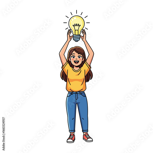 Bright Idea Illustration: A vibrant illustration captures a young woman holding up a radiant lightbulb, symbolizing innovation, ingenuity, and creative solutions.