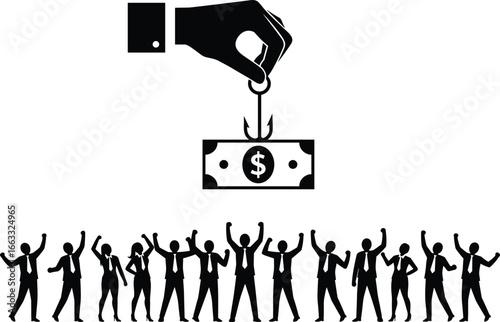 Business competition for money concept, crowd of professionals reaching dollar bill on hook, financial opportunity, leadership, investment, economy illustration, 