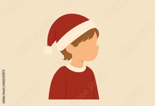Christmas boy wearing Santa hat side profile illustration for holiday greeting cards festive winter decorations children’s themes seasonal character design and modern vector artwork